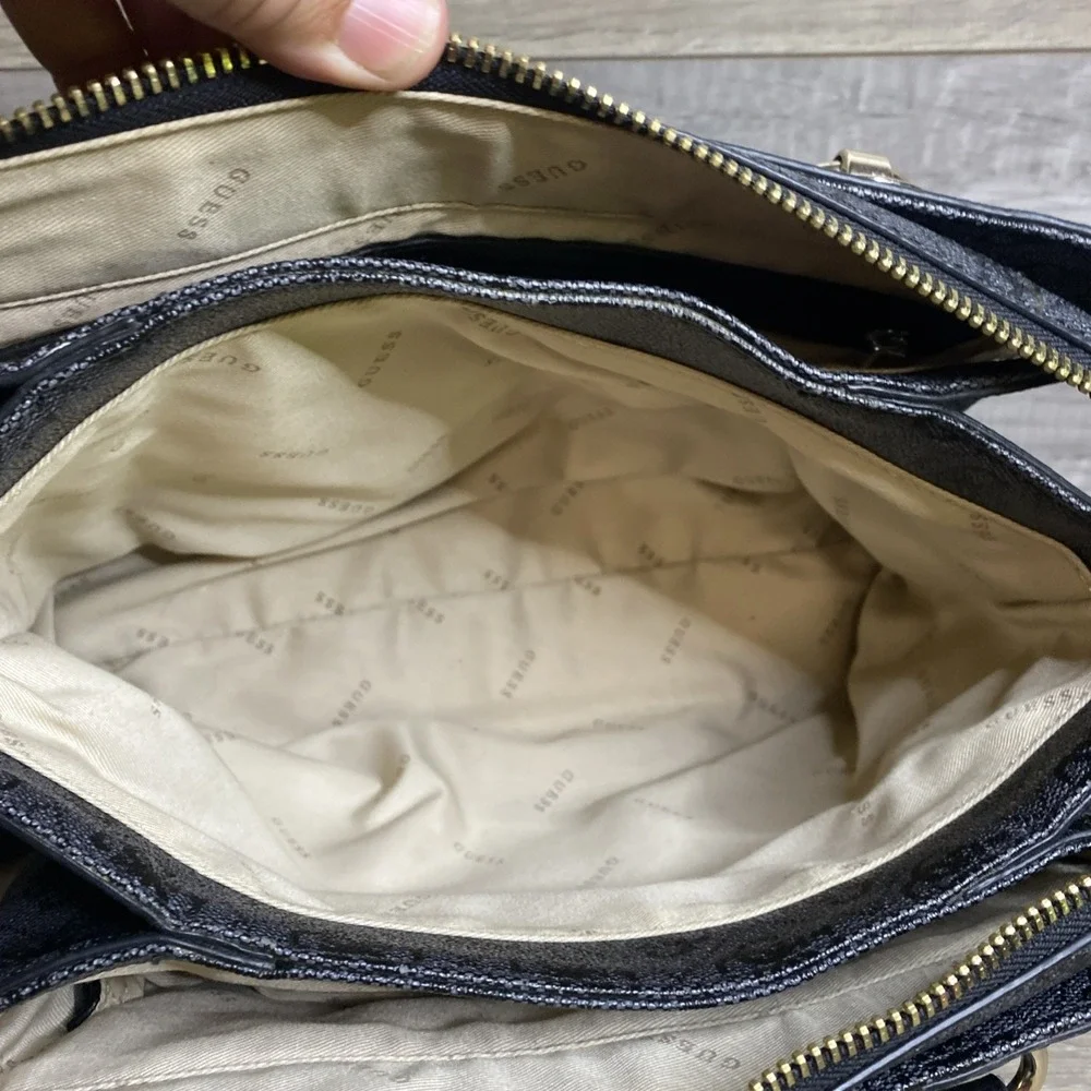 Guess EST 1981 Cathleen Charcoal Black Satchel 3 Compartment Handbag‎